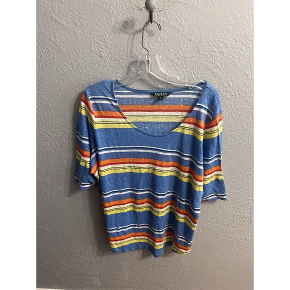 Jessica London Tops - Lauren Ralph Lauren Womens Blu Striped Shirt Size 2X  Short Sleeve Linen‎